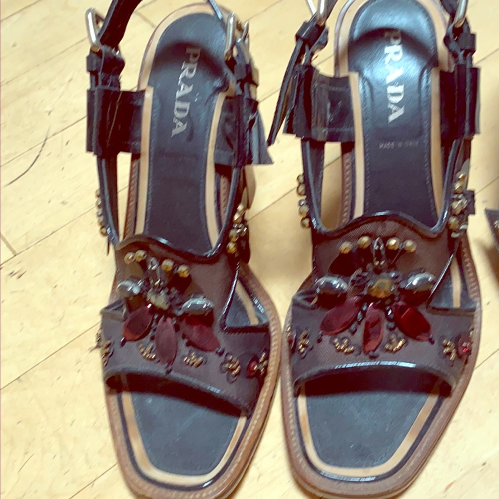 Prada patent and leather sandal stack heel sequins